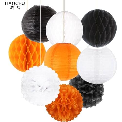 9pcs Paper Lanterns Set Decorative Paper Pompoms Flower Hanging Honeycomb Balls Wedding/Birthday/Christmas/Halloween Party Decor