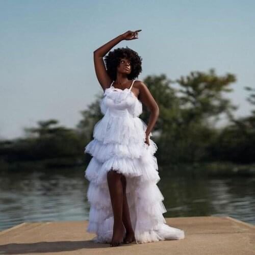 White Classic Spaghetti Strap Women Dress Tulle Ruffles Layer Hi-Lo Dress With Train Photograph Plus Size