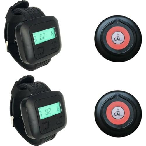 Wireless Calling System 2 Wrist Watch Receiver +2 Buttons Transmitter White Brown Black For Restaurant Coffee Shop