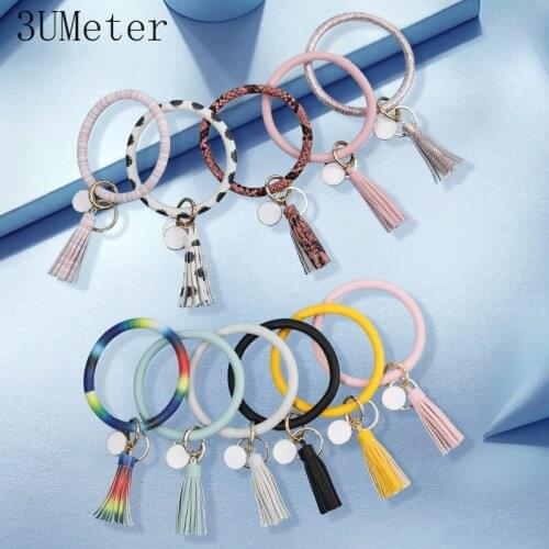 3UMeter New Fashion Multiful Tassel Keychain Enamel PU Leather O Key Chain Monogram Circle Wristlet Keychain For Women Gift