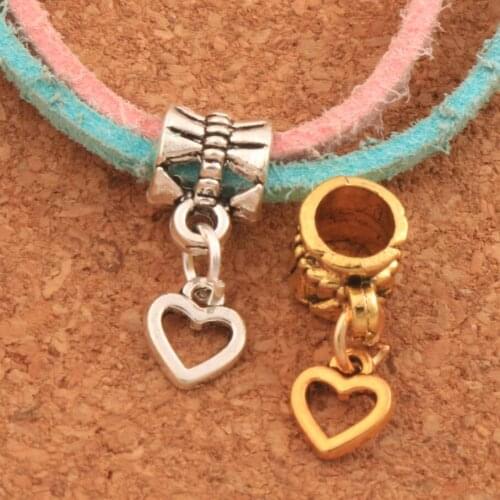 Open Heart Big Hole Beads 6.5x18.8mm 40PCS Zinc Alloy antiquegoldplat Dangle Fit European Charm Bracelets Jewelry DIY B950