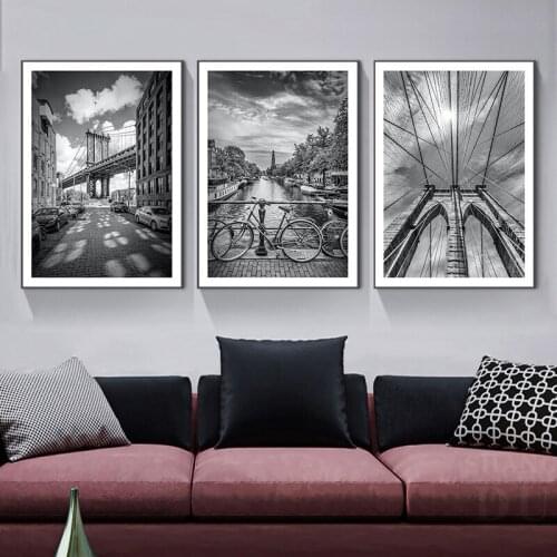 Amsterdam Views New York Brooklyn Bridge Posters and Prints Canvas Painting Black White Wall Art Pictures for Living Room Decor