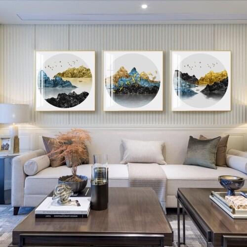 Creative Abstract Golden landscape birds mountain modern decorative Painting Canvas Wall Art Poster for Home hotel office decor