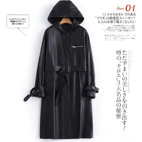 Lautaro Autumn Black Long Leather Trench Coat for Women with Hood Long Sleeve Belt Spring Waterproof Pu Leather Raincoat 2021