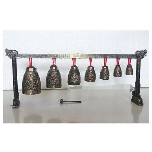 Copper Brass CHINESE crafts decoration Asian Meditation Gong with 7 Ornate Bell with Dragon Design Musical Instrument Garden