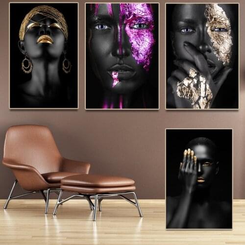 Nordic Canvas Painting Wall Art Poster African Art Black Man and Gold Woman Hoom Decor Abstract Painting Creativity Figure