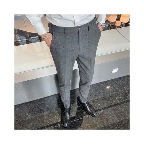 2020 mens autumn new slim mens casual check trousers Korean version of the trend of wild cotton feet non-iron suit pants