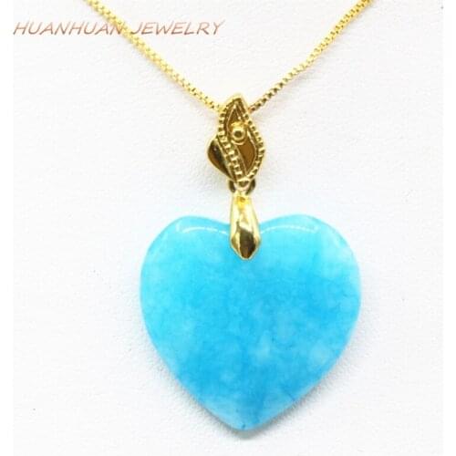 New Stone Pendant For Women Heart Shape 25mm Blue Natural Jades Chalcedony Stainless Steel Chain Necklace Pendants Jewelry B3350