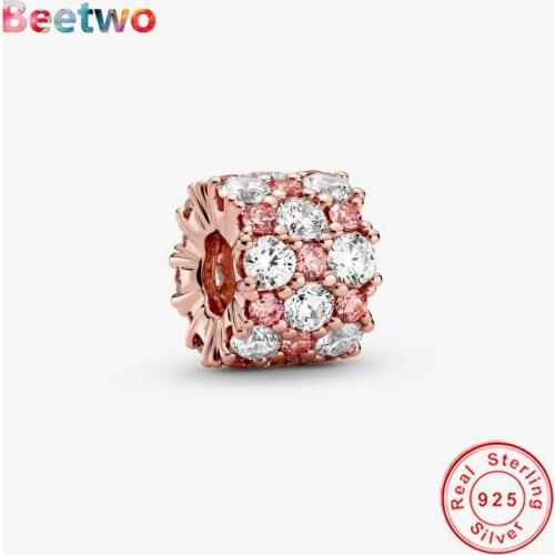 Fit Original Pandora Charm 925 Sterling Silver Pink & Clear Sparkle Charm Rose Gold Beads Bracelet Fashion Jewellery Berloque