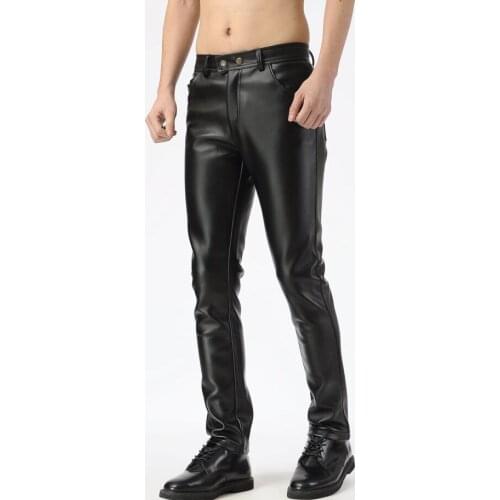 Autumn winter leather pants mens feet pants motorcycle faux leather pu trousers for men Windproof plus velvet thick warm black