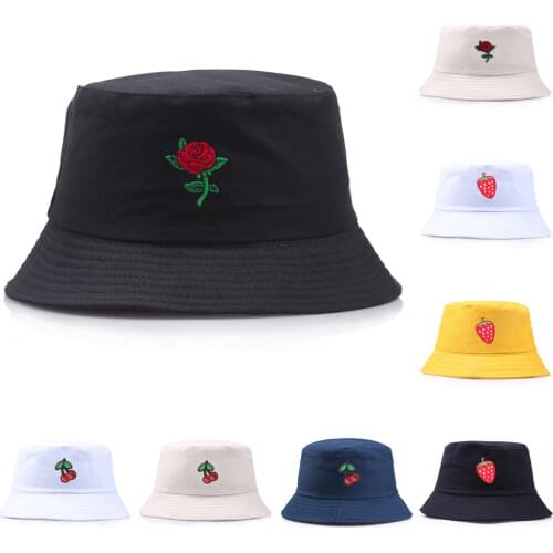 Summer Cherry Strawberry Rose Bucket Hats Women Embroidery Panama Male Harajuku Hip Hop Caps Fishing Bob Beach Sun Fisherman Hat