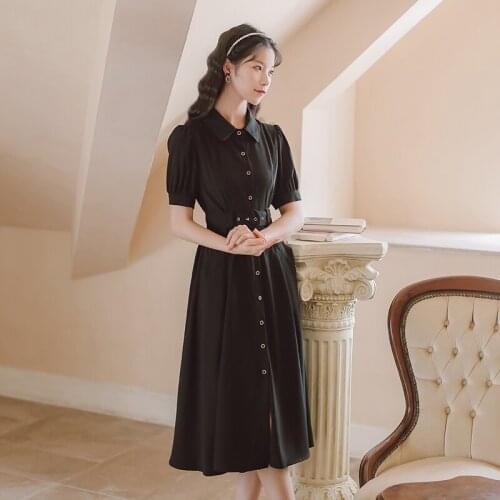 Korean Casual Dresses Summer Temperament Lapel Chic Single-breasted Solid Color French Retro Midi Dress With Belt