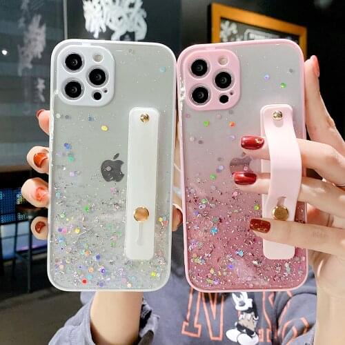 LOVECOM Gradient Glitter Sequins Clear Phone Case For Huawei P40 P30 Lite Mate 30 Pro Nova 7 SE Soft Wrist Strap Stand Cover