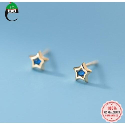 ElfoPlataSi MInimalist Real 925 Sterling Silver Gold Mini Star Blue CZ Charm Stud Earring For Fashion Women Fine Jewelry DD1006