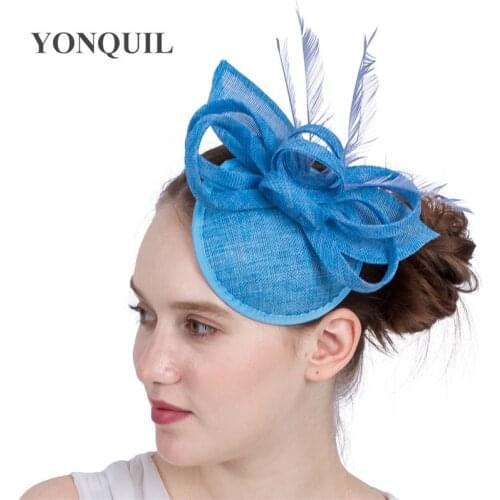 Light Blue Bridal Wedding Hat Fascinator Derby Imitation Sinamay Hat Feather Headwear Summer Church Hats New Arrival Multicolors