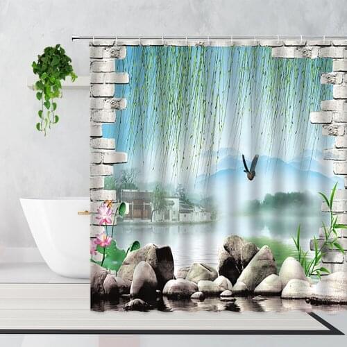 Natural Scenery Shower Curtain Chinese Style Bamboo Lotu Round Stone Window Landscape Home Decor Screen Waterproof Bath Curtains