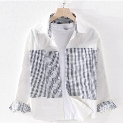 Suehaiwes brand Italy cotton white shirt men plaid stitching fashion comfortable shirts for men casual spring shirt mens camisa