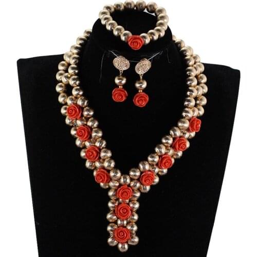 2 Layers Bright Red Floral Orament and Gold Beads Jewelry Set Accessory Arab Bridal Hot LC026