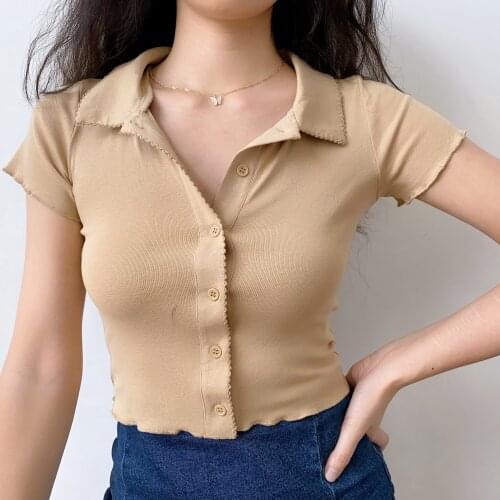 Women Summer Anime Harajuku Lace Single Breasted Plus Size Cardigan 2021 Simple Slim Polo Collar Knitted Short Sleeved Crop Tops