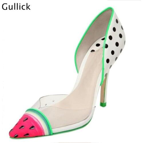 Newest 2018 Mixed Colors Slip On Watermelon Women Pumps Cut Out Fashion Hollow Out Shoe Pointed Toe Cover Heel 10 CM Heel Pump