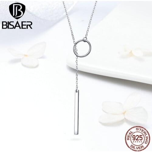 BISAER 925 Sterling Silver Sweater Long Chain Circle Bar Long Necklaces Pendant for Women Sterling Silver Jewelry Collar ECN304