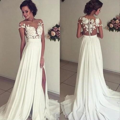 Beach A-line Split 2020 Wedding Dresses Cap Sleeves Chiffon Lace Slit Dubai Arabic Simple Boho Vestido De Noiva Bridal Dresses