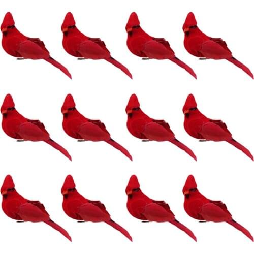 12Pcs Artificial Birds Lovely Cardinal Clip On Christmas Tree Decoration Foam And Velvet Birds Festival Party Decor Red Birds