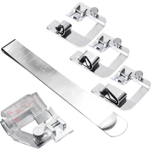 5pcs/set Sewing Machine Rolled Hem Pressure Foot + Tape Binding Presser Foot + 3inch Sewing Clip-on Measure Ruler