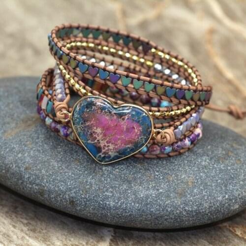 Handmade Natural Heart Stones Charm 3 Strands Wrap Bracelets Boho Crystal Hematite Gem Bead Mix Women Leather Bracelet