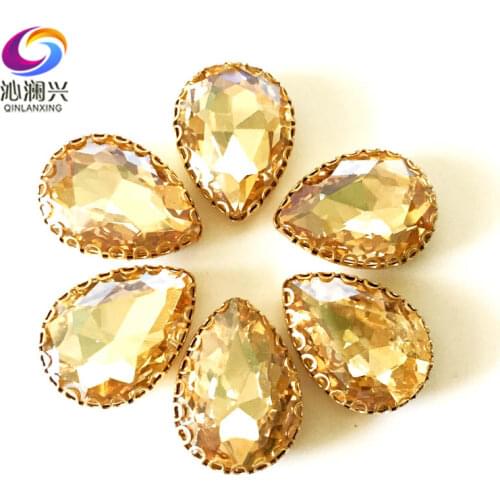 Champagne color Drop shape top glass crystal lace claw rhinestones,golden base sew on stone for Diy/Clothing accessories HGS05