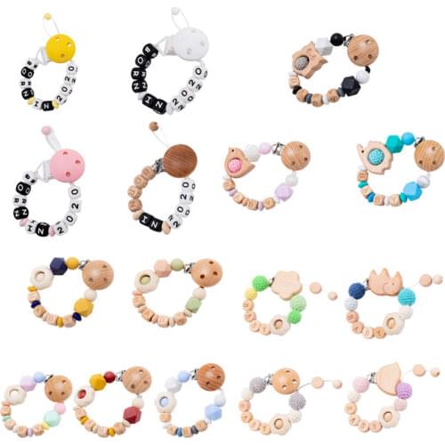1PC Personalized Pacifier Clip Wood Holder For Nipples Wooden Dummy PVC Crochet beads Beech Rodent Teether For Teeth Lets Make