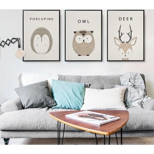 HAOCHU Nordic Animal Decorative Living Room Modern Simple Posters Kids Room Wall Paintings Deer Fox Owl Porcupine