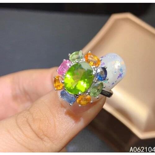 KJJEAXCMY fine jewelry 925 sterling silver inlaid natural peridot color sapphire Womens popular classic OL style gem ring suppo