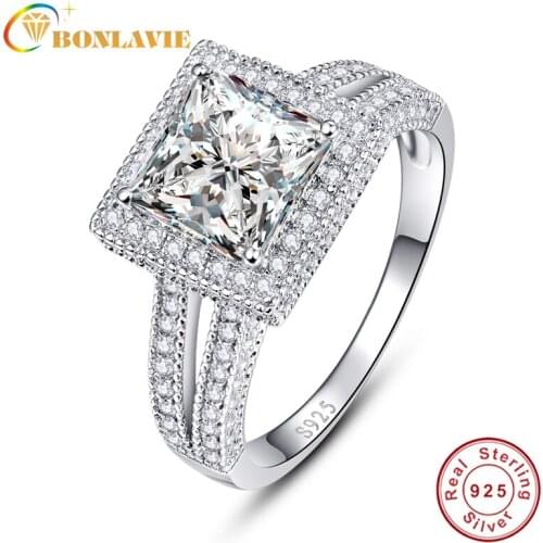 BONLAVIE Fashion Sterling Silver 925 Bridal Wedding Rings Square 2.25ct Crystal Fashion Wedding Band Finger Rings Jewellery