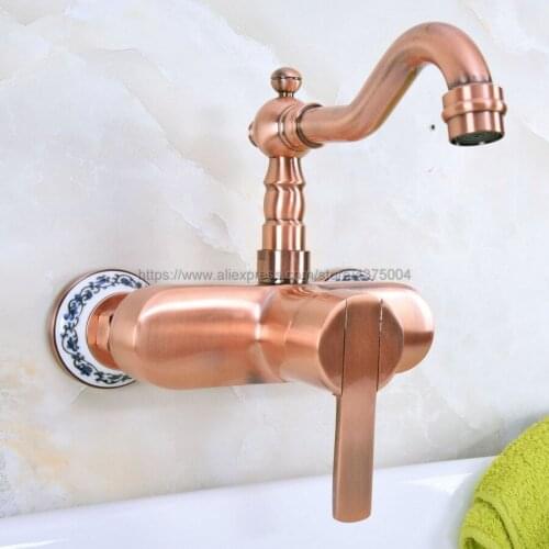 Red Copper Antique Wall Mounted Swivel Spout Bathroom Sink Faucet Single Handle Mixer Tap Wall Mounted Nnf940