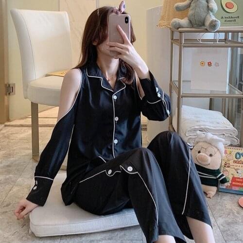 2020 New Hot Sale Summer Thin Pyjama Pajamas Set Long Sleeve Dew Shoulder Top+Pants Sleepwear Soft Comfortable Nightwear