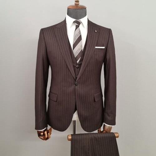 Jacket+Pants+Vest) Formal Brown Business Peak Lapel Tuxedo Wedding Man Suit 3 Piece Formal Man Blazer Custom Made