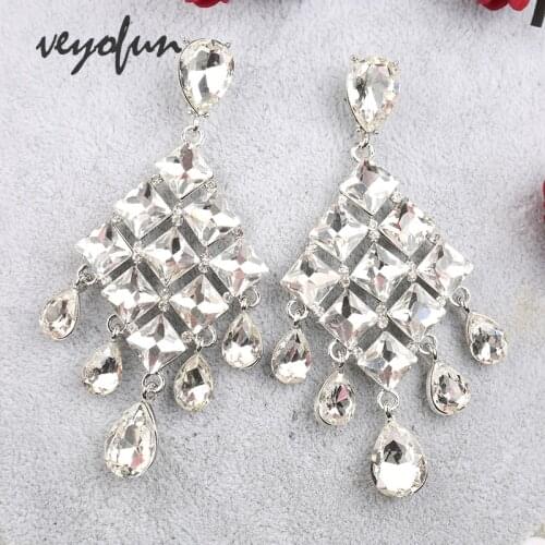 Veyofun Luxury Hyperbole Tassels Crystal Drop Earrings Big Dangle Earrings for Women Fashion Jewelry