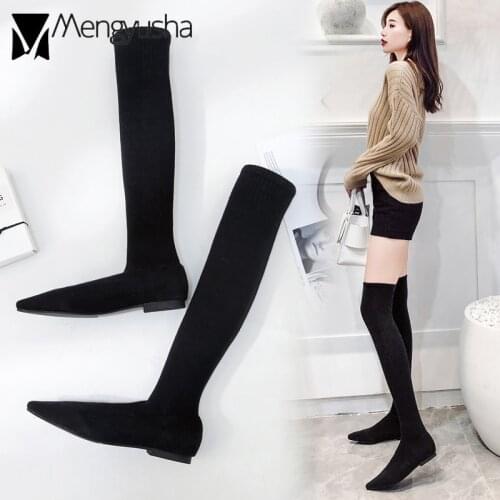 Wool over knee botas woman fashion sock boots pointed toe designer keep warm snow booties woman stretchy tall slim leg booties