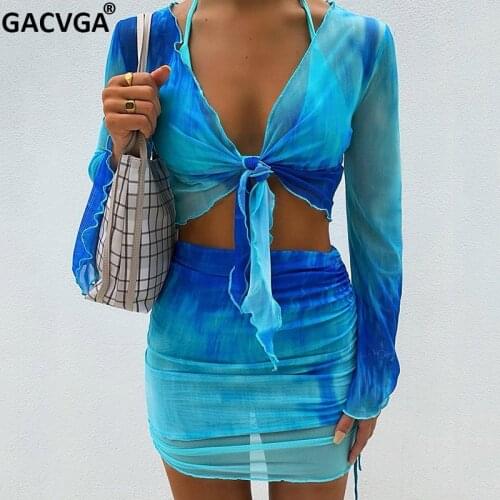 GACVGA Chiffon Bikini Cover-ups Set See-through Long Sleeve Summer Crop Tops and Skirts Two Piece Swimwear Beach Dress