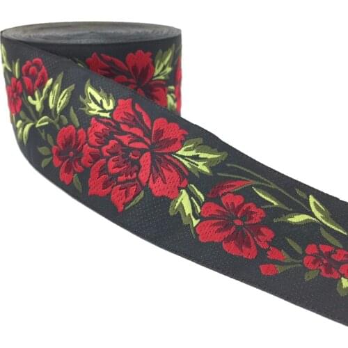 ZERZEEMOOY 2" 5cm 10yard/lot High quality Woven Jacquard Ribbon black background red and green flowers pattern MZZD17032802