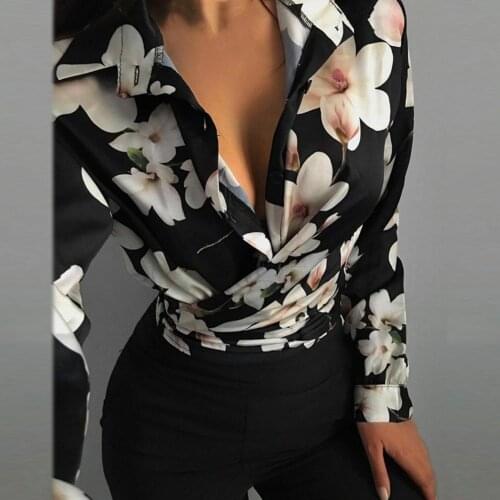 2021 Autumn Womens Fashion Slim Shirt Blouse Elegant Flower Print Long Sleeve Blouses Turn-down Collar Top Ladies Streetwear