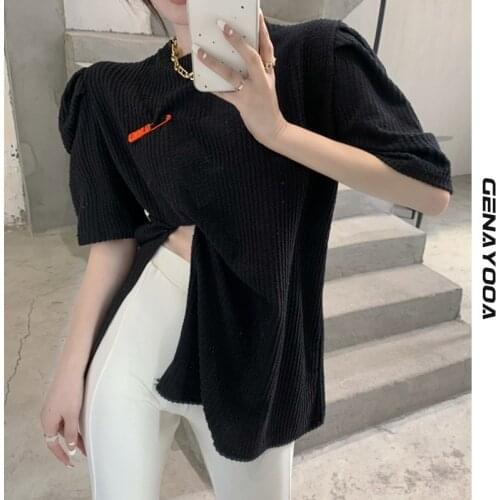 Genayooa Split T Shirt Women 2021 Print Female Streetwear Puff Sleeve Harajuku Ladies Tshirt Loose Lace Up Female Tops Summer
