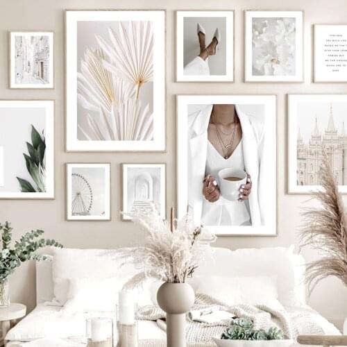 Woman Flowers Palm White Building Street Wall Art Canvas Painting Nordic Posters And Prints Wall Pictures For Living Room Decor