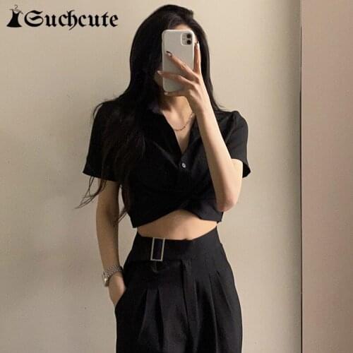 SUCHCUTE Harajuku Women Y2K T-shirts Korean Fashion Casual Short Sleeve Slim Cropped Tops Button Up Kawaii Clothes Summer 2021