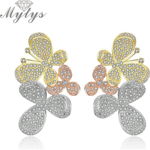 Mytys AAA Level Cubic Zircon Butterfly Flower Earrings for Women Three Tone Gold Stud Earrings Yellow Rose Silver Color CE563