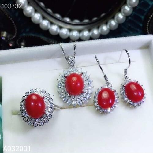 KJJEAXCMY fine jewelry natural red coral 925 sterling silver women gemstone pendant earrings ring set support test fashion