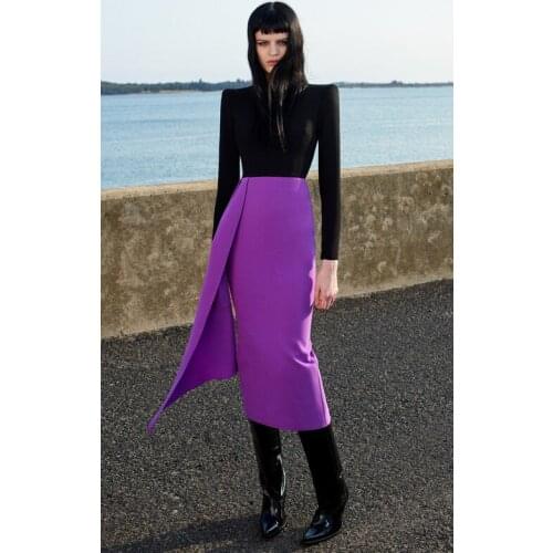2021 New Fashion Women Black Purple Patchwork Long Sleeve Bodycon Bandage Dress
