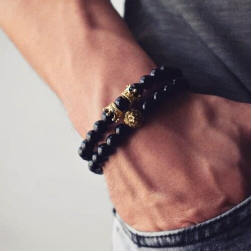 Fashison Punk Adjustable Bright Black Natural Stone Crown Lion Heads Mens Beaded Bracelet For Women Girl Jewelry Gift Wholesale