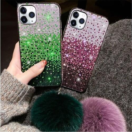Gradient Color Full Bling Crystal Diamond Fur Ball Pendant Case Cover For iPhone 12 Mini 11 Pro XS Max XR X 8 7 6 6S Plus SE